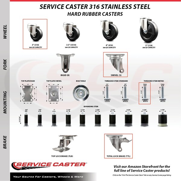 Service Caster 3 Inch 316SS Hard Rubber Swivel 10mm Threaded Stem Caster Set Lock Brake SCC SCC-SS316TSTTL20S314-HRS-M1015-4 - main